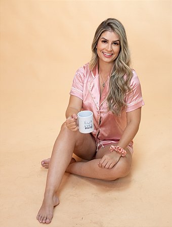 Pijama Americano Cetim - Ava  Rosé detalhes Pérola