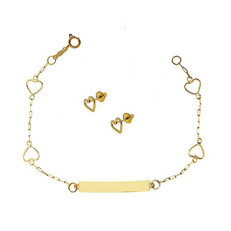 Conjunto Pulseira chapinha  Coração e Brinco de Coração ouro 18k