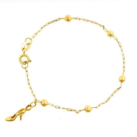 Pulseira de Bolinha de Ouro 18k com Pingente Sapatinho de Salto Baby