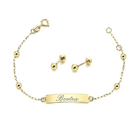 Conjunto de Ouro com Brinco de Bolinha 3mm + Pulseira de Chapinha com bolinha 3mm