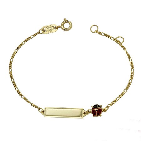 Pulseira Infantil de  Chapinha com Joaninha Esmaltada em Ouro 18K