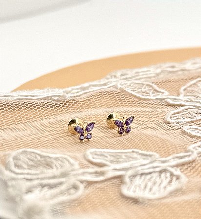 Brinco Ouro 18k Borboleta Baby Roxa