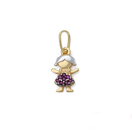 Pingente Menina Zircônia rosa/avermelhado em Ouro 18K