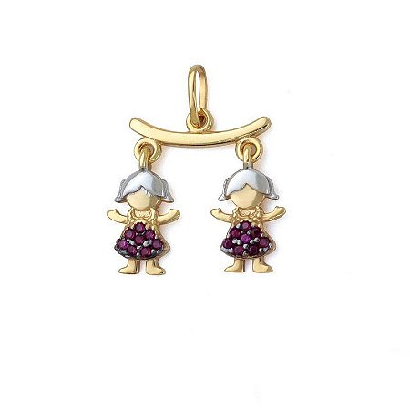 Pingente Canga com Bonecas Zircônia Rosa/Avermelhado Ouro 18k