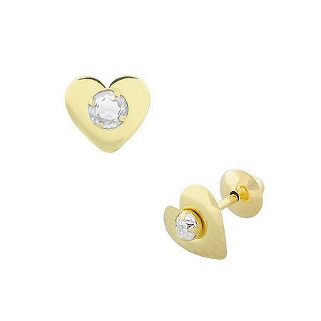 Brinco Coração de Ouro 18K com Pedra Branca Zircônia Récem nascida