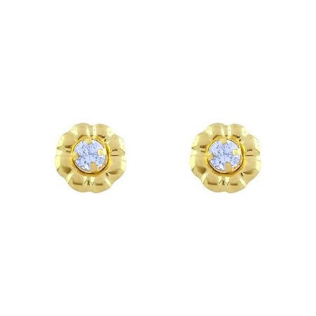 Brinco de Ouro 18K de Flor com Pedra 2mm Zircônia Azul Claro