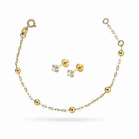 Conjunto Minha Primeira Joia em Ouro 18k - Brinco Pedra Branca 2,5 mm + Pulseira de Bolinha 12 cm