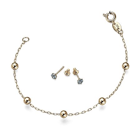 Conjunto Minha Primeira Joia em Ouro 18k - Brinco 2,5 mm + Pulseira de Bolinha 12 cm