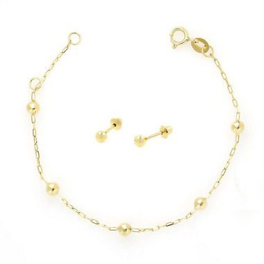 Conjunto  Minha Primeira Joia em Ouro 18k - Brinco 3mm + Pulseira de Bolinha 13cm com contra argola 12,5cm