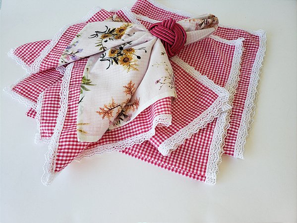 Guardanapo tecido xadrez rosa e branco 12 lugares