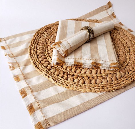 Jogo americano linho misto listrado desfiado 10 lugares 50 X 40 cm