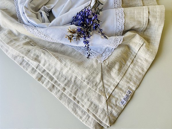 Toalha de linho com barrado bege 180 x 230 cm