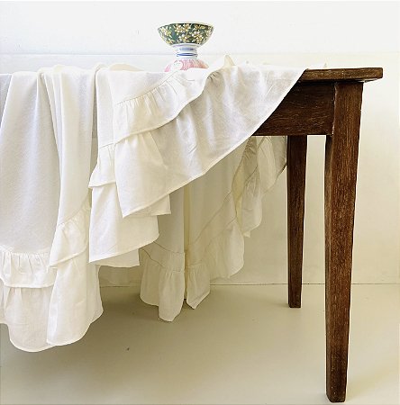 Toalha mesa linho branco babados