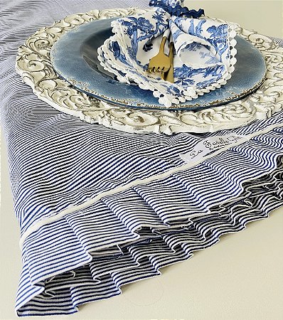 Toalha de mesa redonda azul e branco