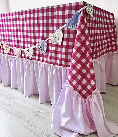 Toalha mesa xadrez rosa com babados