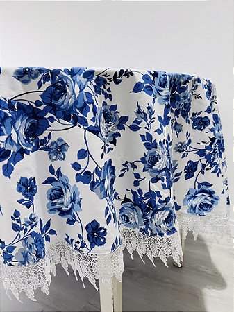 Toalha  de mesa redonda floral azul e branco