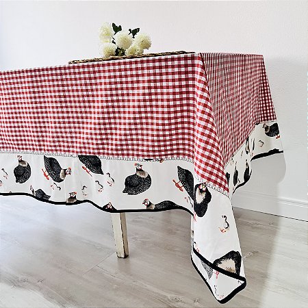 Toalha mesa xadrez vermelho barrado galinha