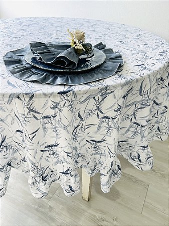 Toalha de mesa redonda azul e branco