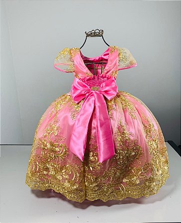 Vestido infantil Realeza Rosa com renda dourada luxo reinado