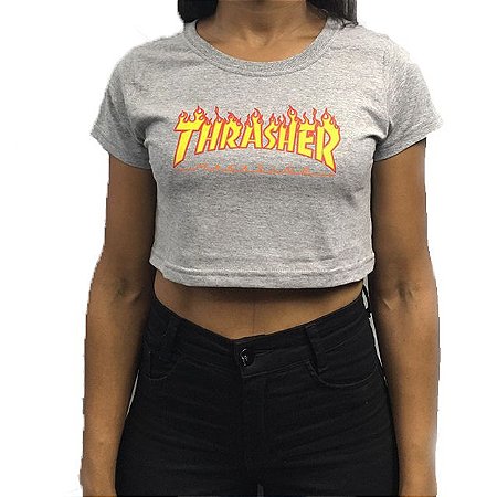 Camiseta Thrasher Flame Feminino cinza (cropped)