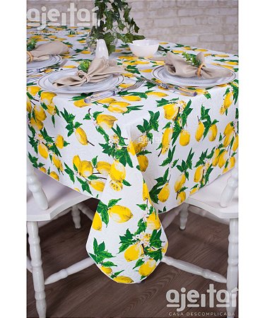 Toalha de Mesa em Jacquard Limão Siciliano Fundo Branco