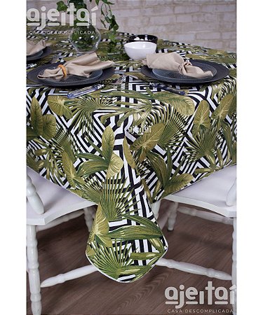 Toalha de Mesa em Jacquard Tropical Folhagem Verde Musgo Geométrico