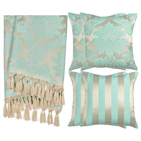 Kit Manta e Capas de Almofada em Tecido Jacquard Tradicional Dourado e Turquesa