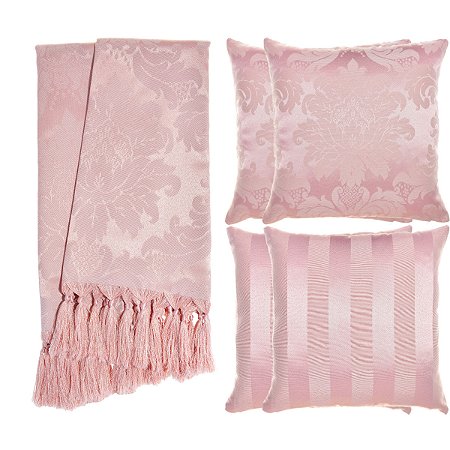 Kit Manta e Capas de Almofada em Tecido Jacquard Tradicional Rosa Envelhecido