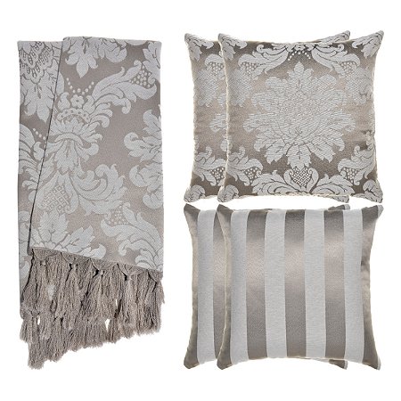 Kit Manta e Capas de Almofada em Tecido Jacquard Tradicional Cinza e Cru