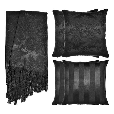 Kit Manta e Capas de Almofada em Tecido Jacquard Tradicional Preto