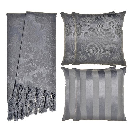 Kit Manta e Capas de Almofada em Tecido Jacquard Tradicional Cinza Chumbo