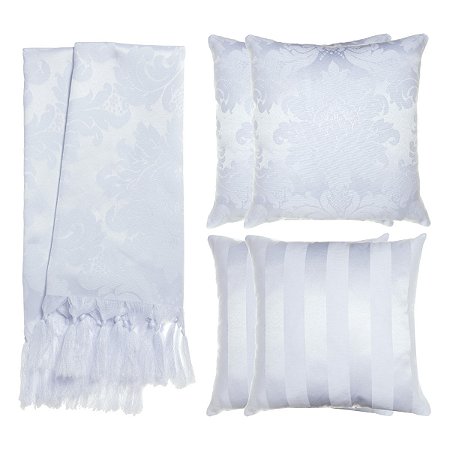 Kit Manta e Capas de Almofada em Tecido Jacquard Tradicional Branco