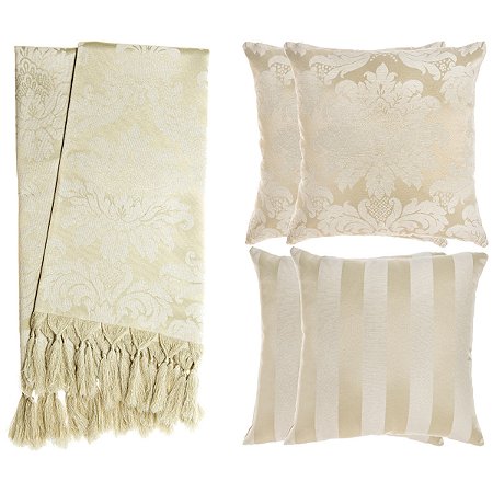 Kit Manta e Capas de Almofada em Tecido Jacquard Tradicional Bege