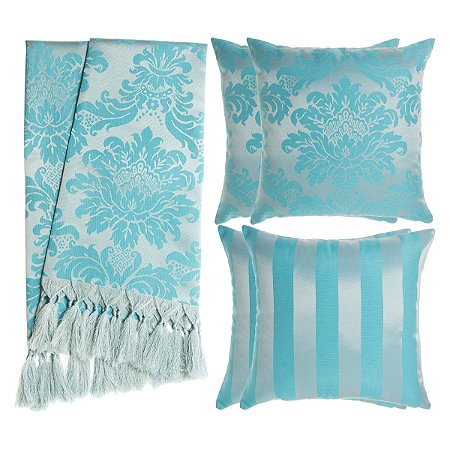 Kit Manta e Capas de Almofada em Tecido Jacquard Tradicional Azul e Prata