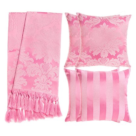 Kit Manta e Capas de Almofada em Tecido Jacquard Tradicional Rosa Bebê