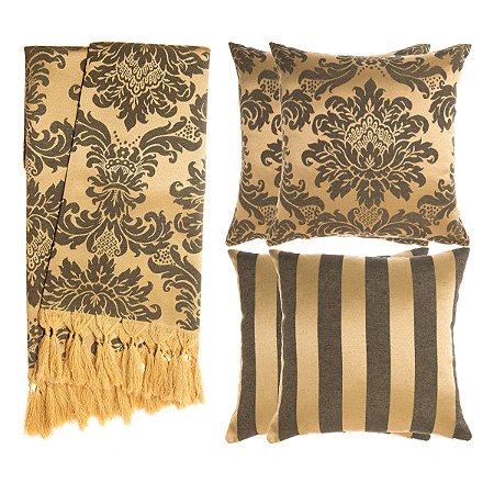 Kit Manta e Capas de Almofada em Tecido Jacquard Tradicional Preto e Dourado