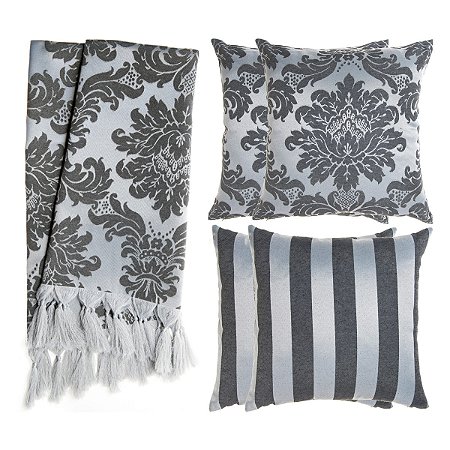 Kit Manta e Capas de Almofada em Tecido Jacquard Tradicional Preto e Prata