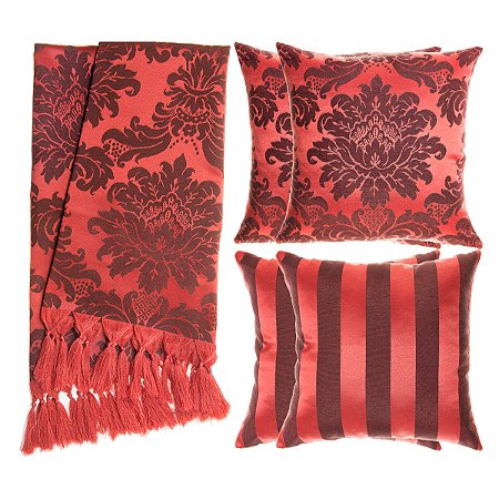Kit Manta e Capas de Almofada em Tecido Jacquard Tradicional Vermelho e Preto