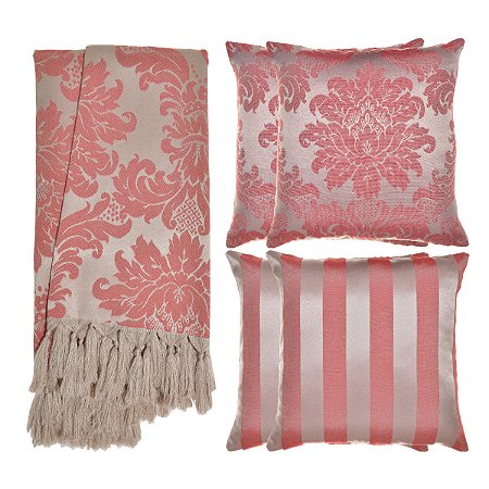 Kit Manta e Capas de Almofada em Tecido Jacquard Tradicional Vermelho e Dourado