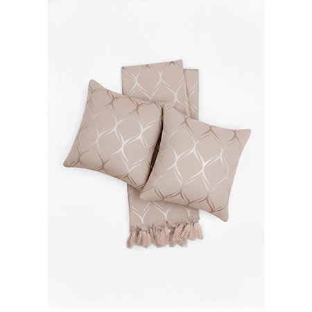 Kit Manta e Capas de Almofada em Tecido Jacquard Tradicional Losango Bege Marfim