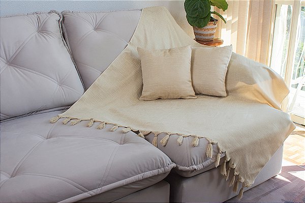 Kit Manta e Capas de Almofada em Tecido Jacquard Tradicional Falso liso Bege