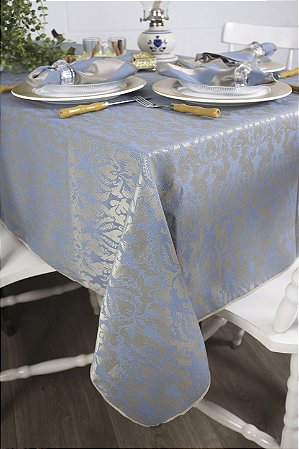 Toalha de Mesa Retangular em Tecido Jacquard Azul e Dourado Adamascado Tradicional