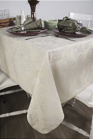 Toalha de Mesa Retangular em Tecido Jacquard Bege Marfim Arabesco Tradicional