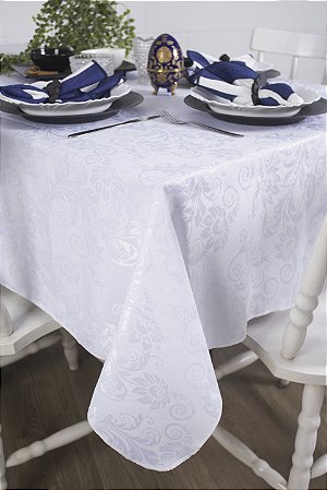 Toalha de Mesa Quadrada em Tecido Jacquard Branco Arabesco Tradicional