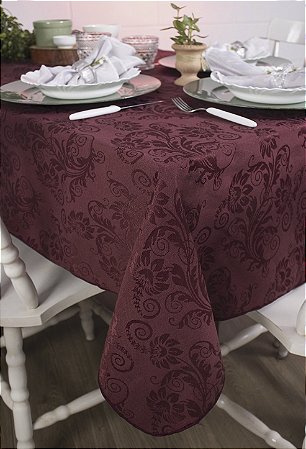 Toalha de Mesa Retangular em Tecido Jacquard Vinho Marsala Arabesco Tradicional