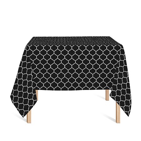 Toalha de Mesa Quadrada em Tecido Jacquard Preto e Crú Geométrico Tradicional