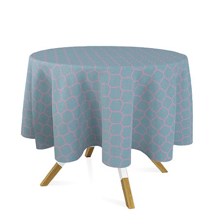 Toalha de Mesa Redonda em Tecido Jacquard Azul Tiffany e Rosa Geométrico Tradicional