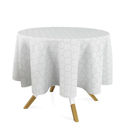 Toalha de Mesa Redonda em Tecido Jacquard Branco Geométrico Tradicional