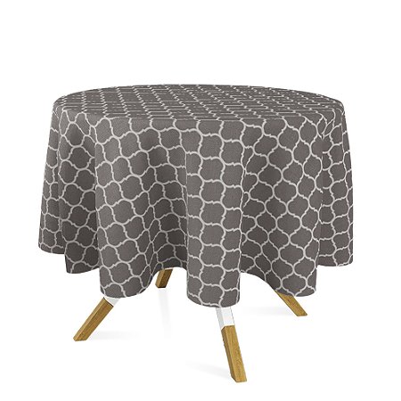 Toalha de Mesa Redonda em Tecido Jacquard Cinza e Cru Geométrico Tradicional
