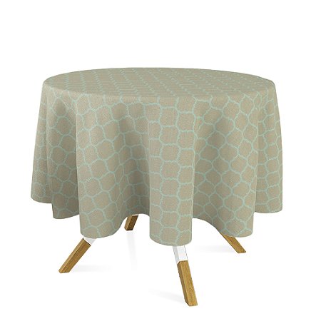Toalha de Mesa Redonda em Tecido Jacquard Dourado e Turquesa Geométrico Tradicional